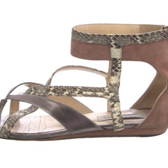 Jimmy Choo Flat Sandals Pewter Leather Animal Print Strappy Flat Shoe EU 39.5 - Picture 5 of 7
